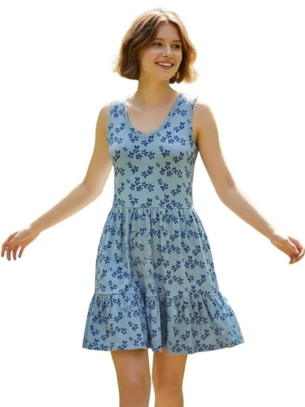 Granola Coastal Beachy Floral Boho Toad&Co Dusty Blue Tiered Mini Dress Large